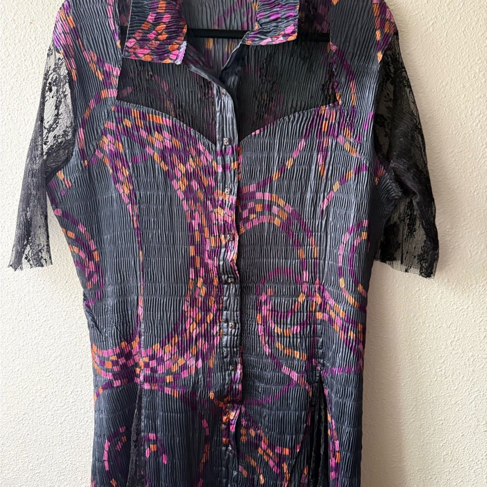 Komarov XL Crinkle Tunic Top Lace Sleeves
